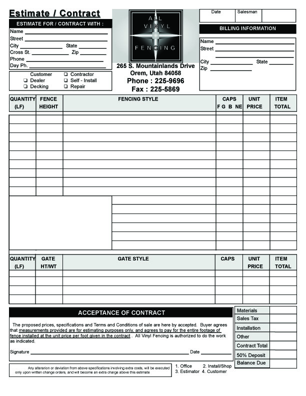 Vinyl Fence Estimate Contract Form