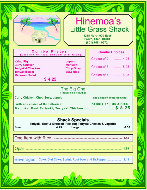 Himenoa's Grass Hut and Boarder Menu